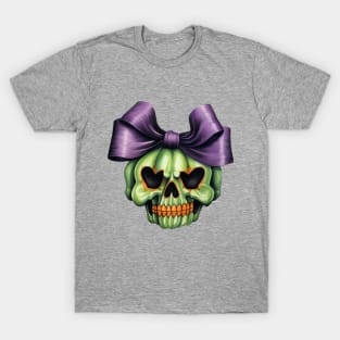 Cute Halloween green Skull with big bow T-Shirt